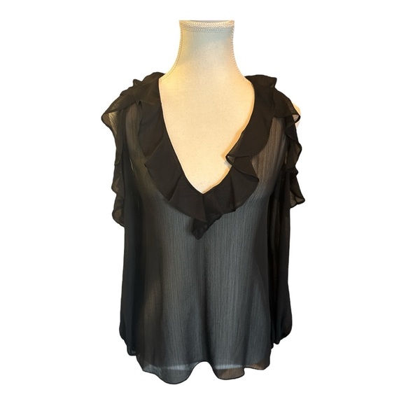 Alice + Olivia Gia Black Ruffle Cold Shoulder Top Sz XS Sheer Romantic Ethereal - Picture 7 of 8